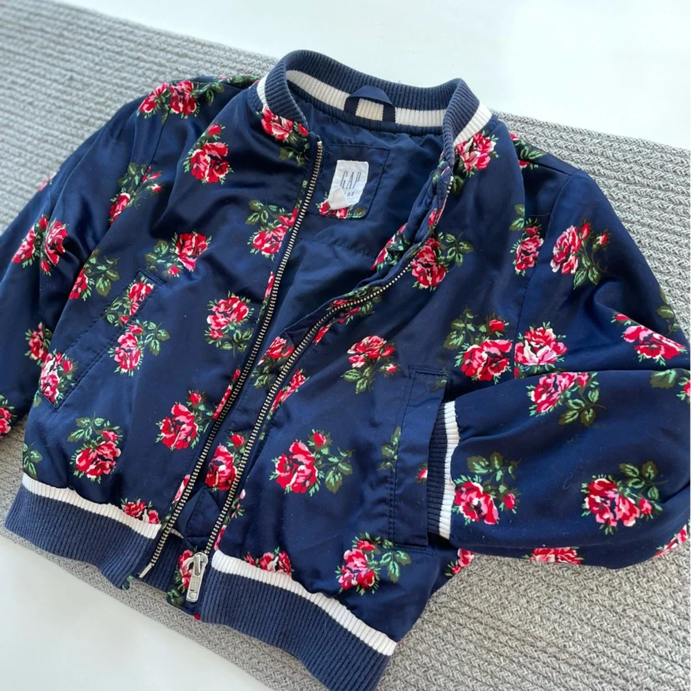 GAP Kids Navy Blue Rose Floral Silky Bomber Jacket Size XS (4-5)
